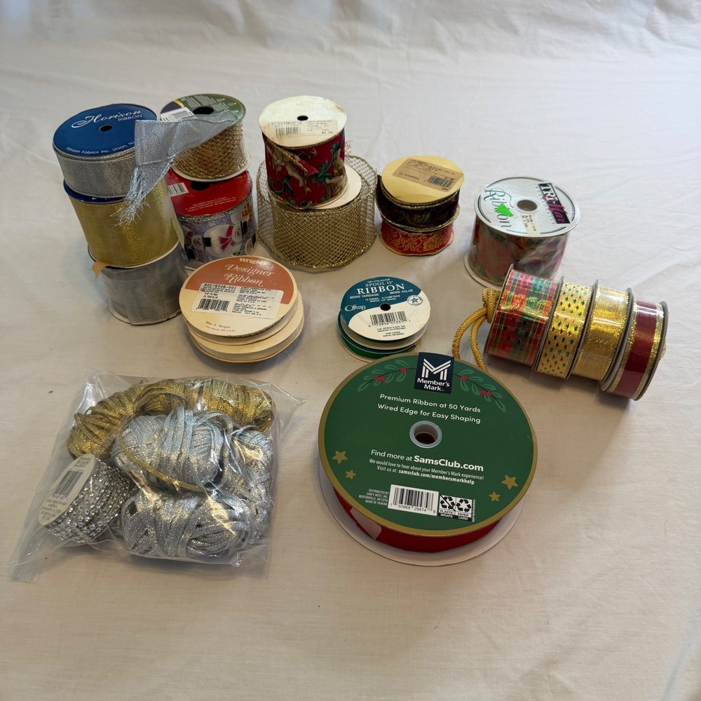 Vintage & New Christmas Ribbon Lot Wired Satin Grosgrain Metallic Red Gold 18pc
